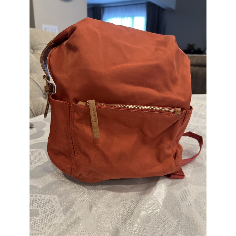 Tommy Bahama Brick Color Backpack Brown Leather Trim Water Bottle Pockets Zip